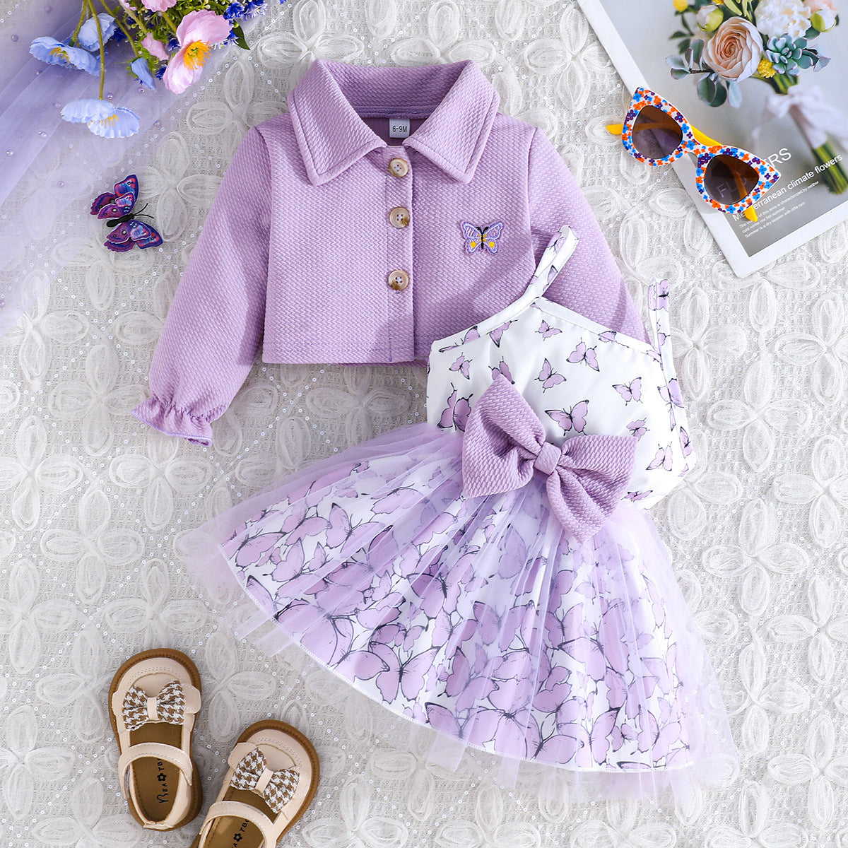 Set Long Sleeve Coat Animal Pattern Printed Bow Tulle Children's Dress