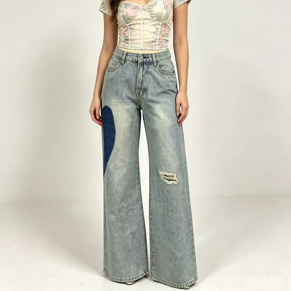 Women's Cool Fashion Unique Stitching Love Design Women's Jeans