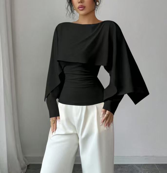 Style Black Round Neck Cape Design Lightly Mature Slimming Shorts
