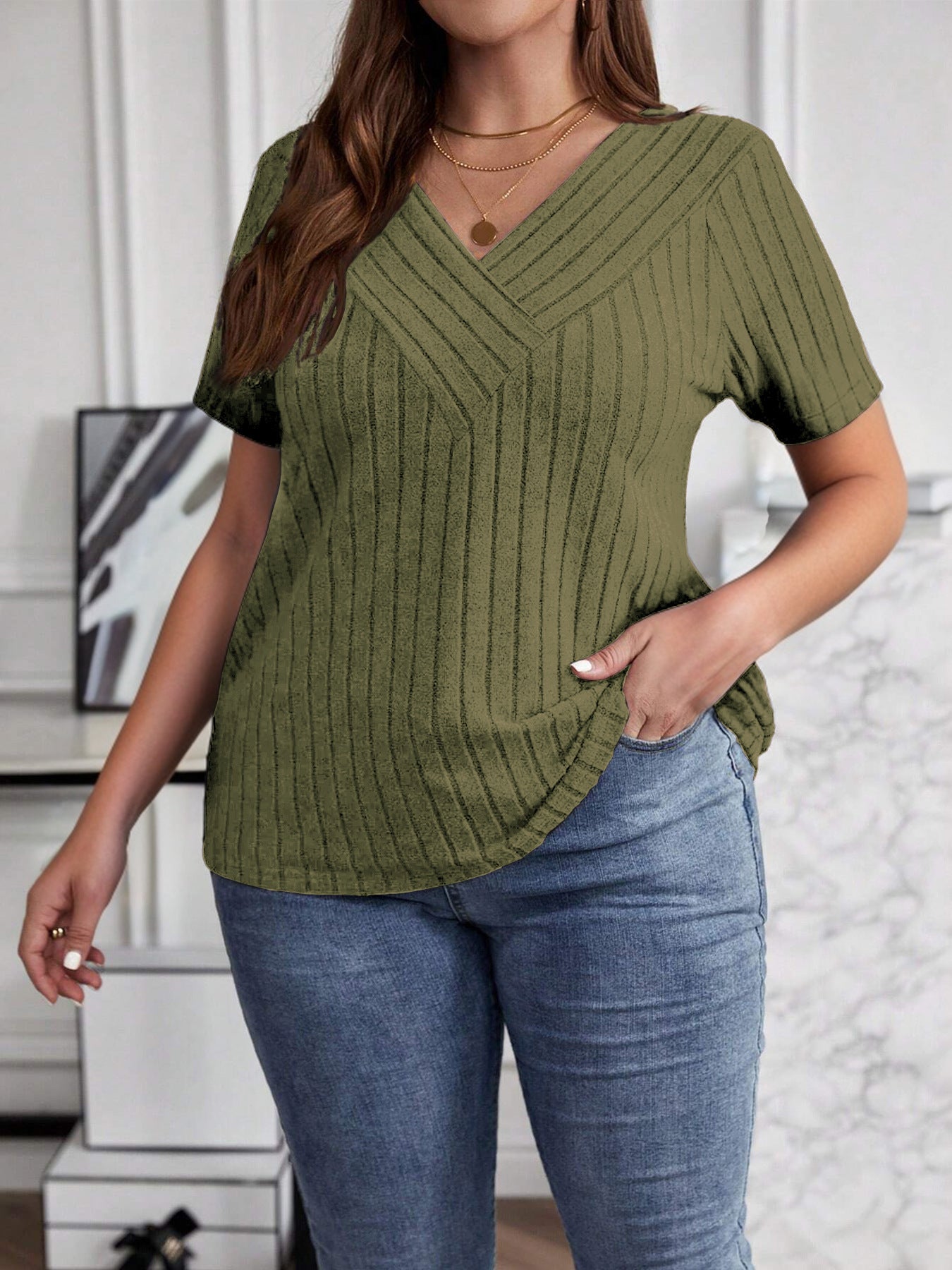 Spring Sleeve Brushed Sunken Stripe Solid Color Large Size T-shirt