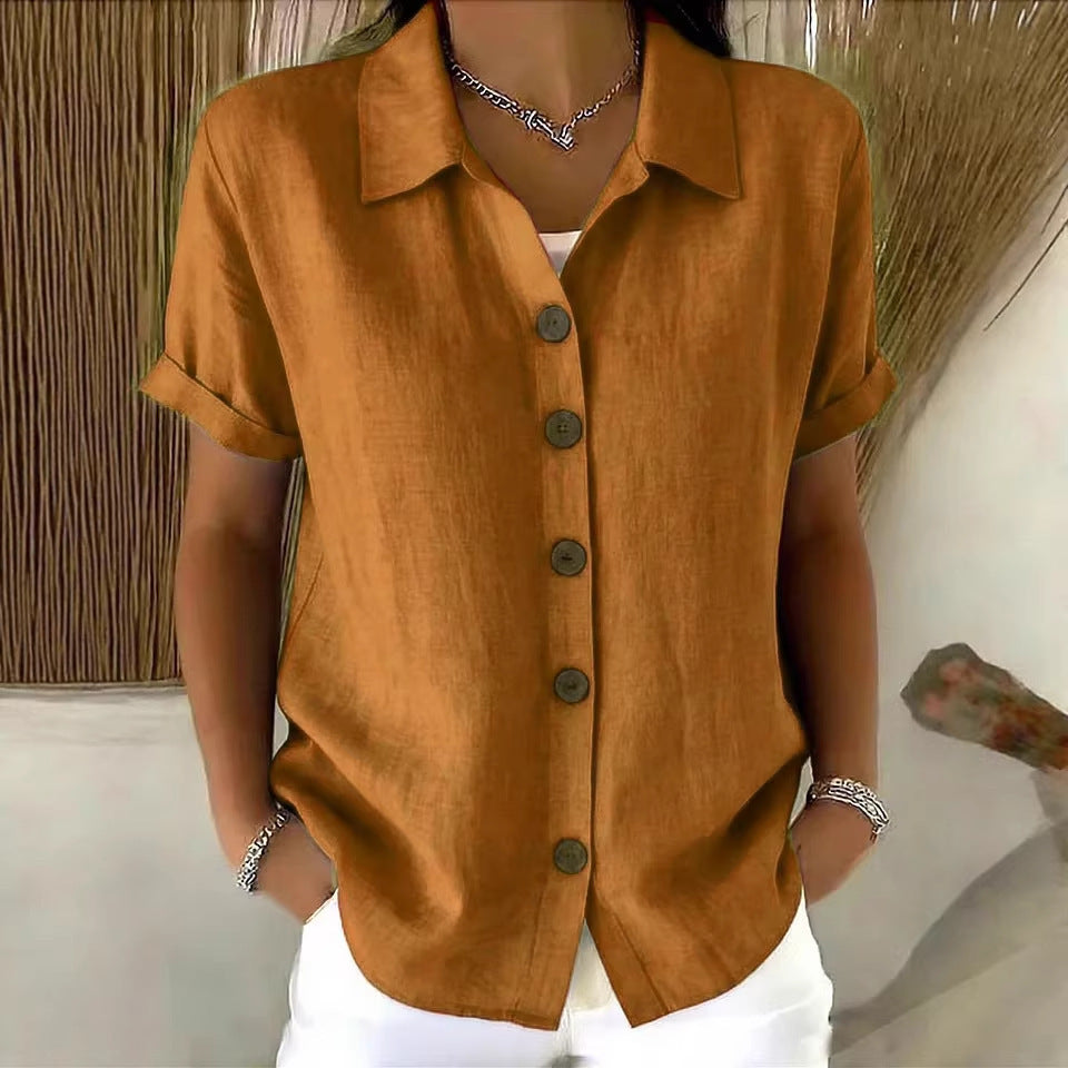 Summer Solid Color Polo Collar Shirt Button Casual Comfortable Shorts