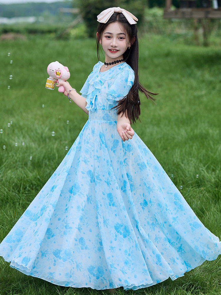 Summer Skirt Clothing Middle Big Fashionable Stylish Floral Children's Dress