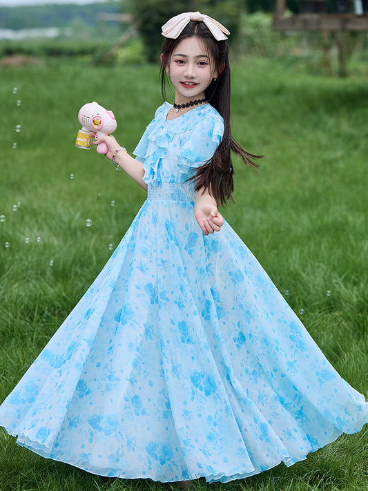 Summer Skirt Clothing Middle Big Fashionable Stylish Floral Children's Dress