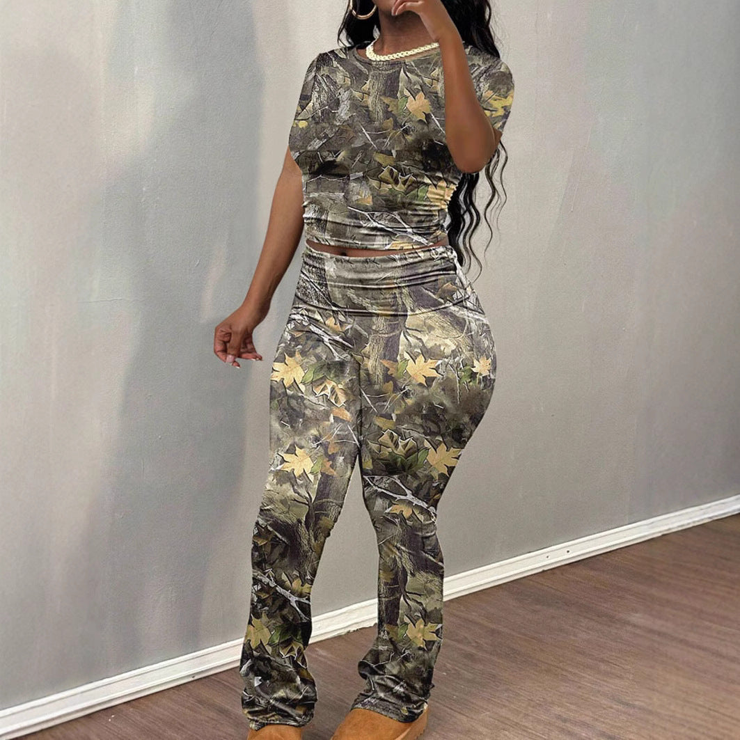 Women's Leisure Random Printed Short-sleeved T-shirt Trousers Suits