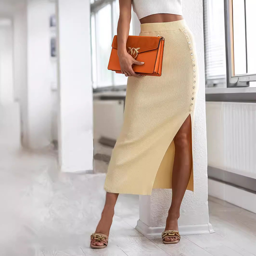 Women's Button Split Temperament Sunken Stripe Rib Skirts