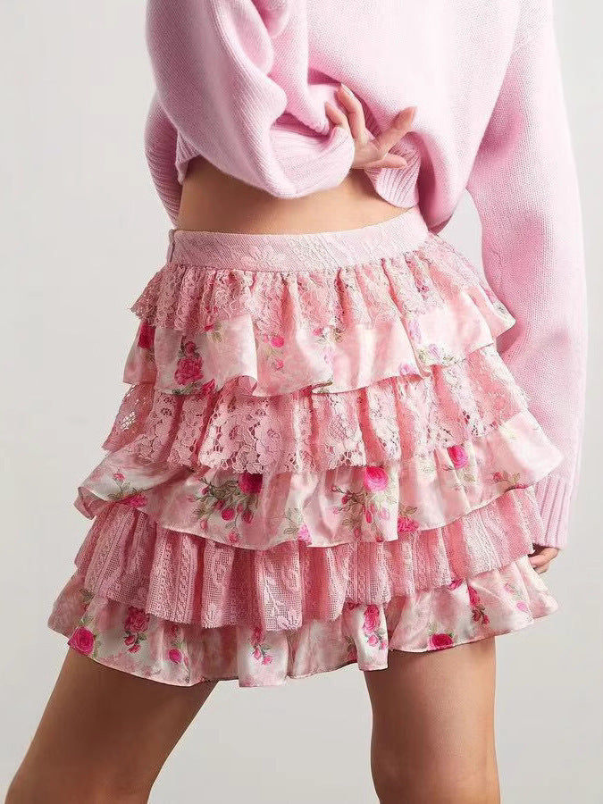 Women's Natural Plant Floral Print Lace Cake Skirt