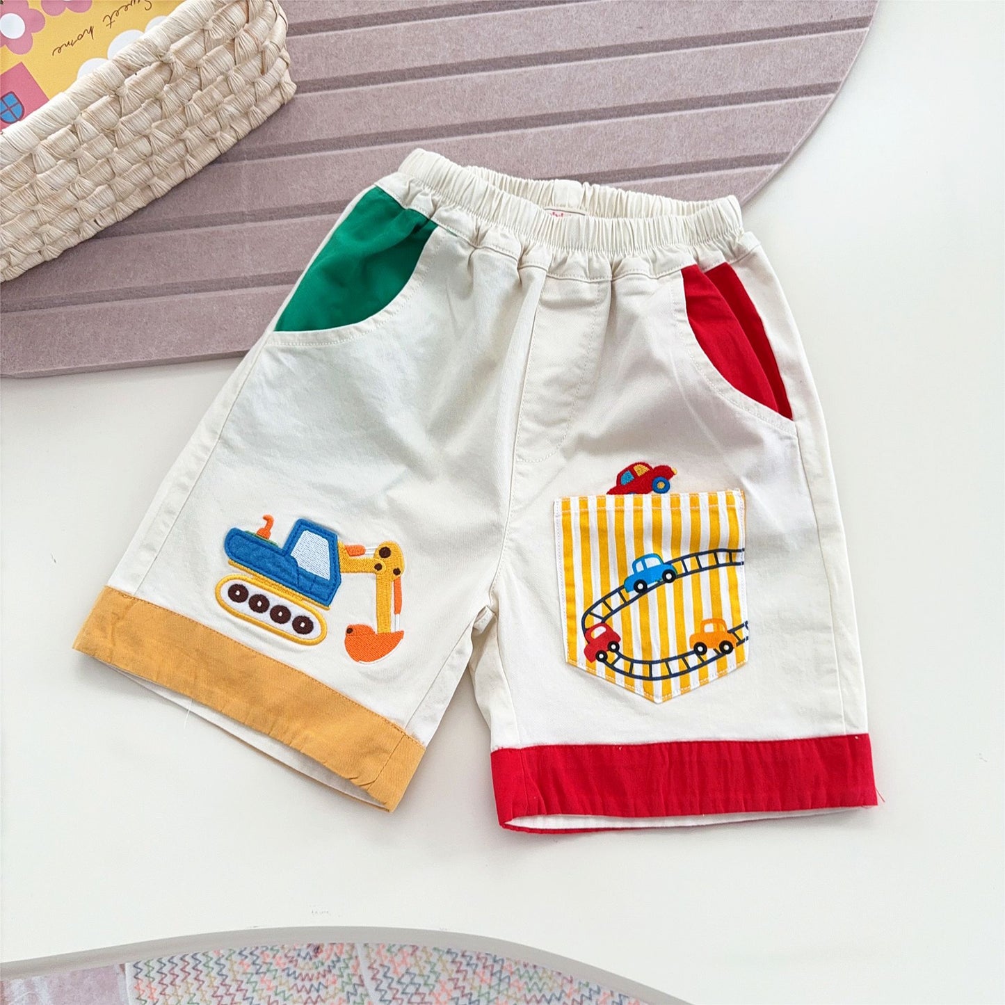 Boys Pocket Shorts Summer Cartoon Excavator Patch Children's Pants