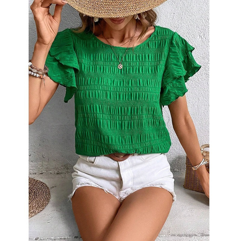Women's Round Neck Double Ruffle Sleeve Casual Tops