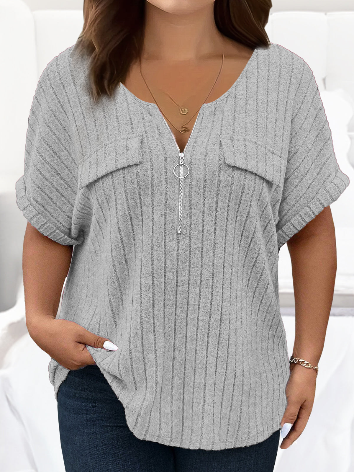 Women's Solid Color Clothes Zipper Sleeve Faux Pocket Pullover Tops