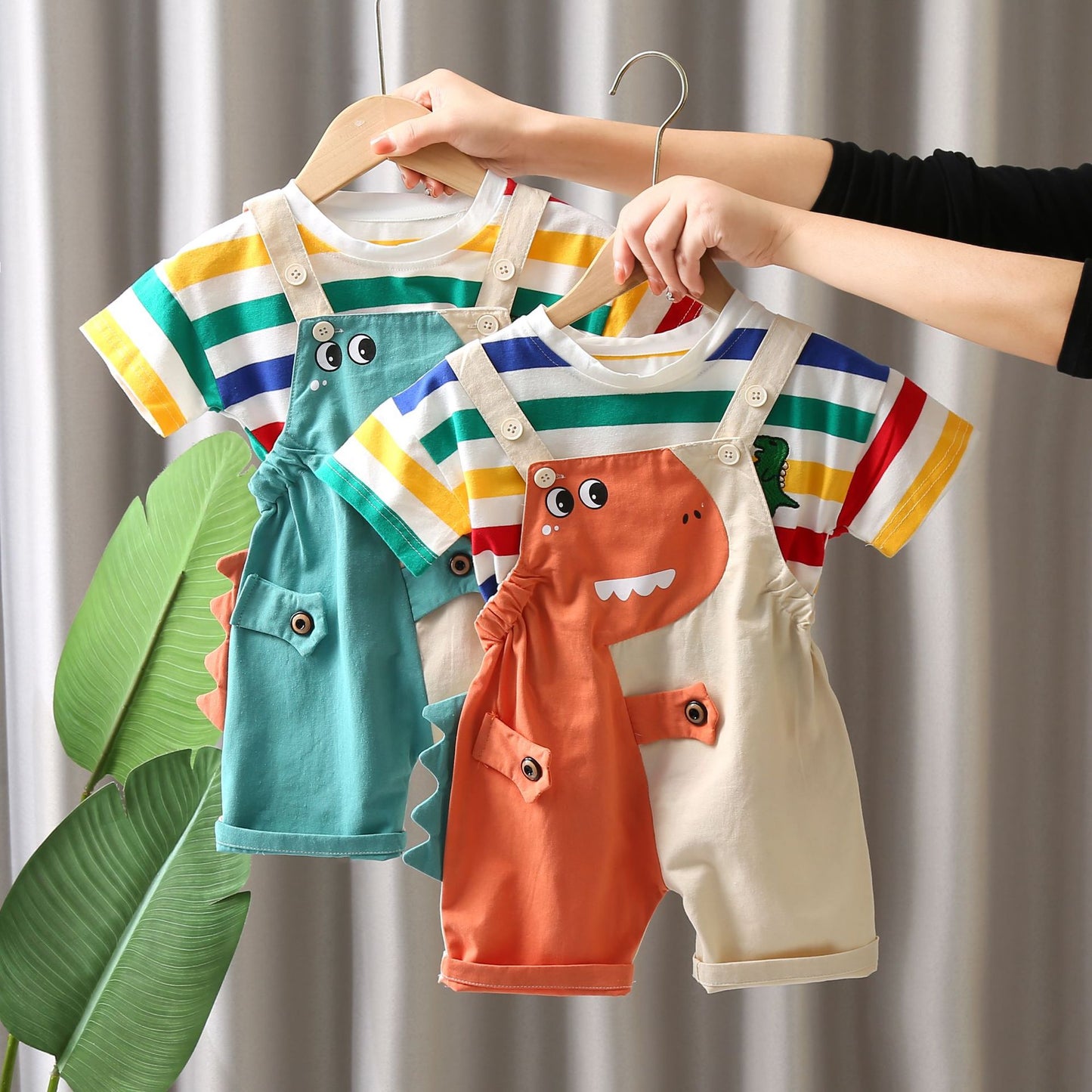 Children's Summer Striped Dinosaur Strap Short Sleeve Boy's Children's Suit