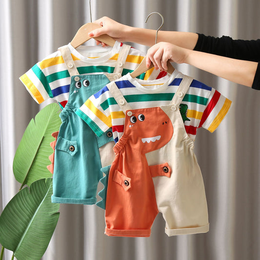 Children's Summer Striped Dinosaur Strap Short Sleeve Boy's Children's Suit