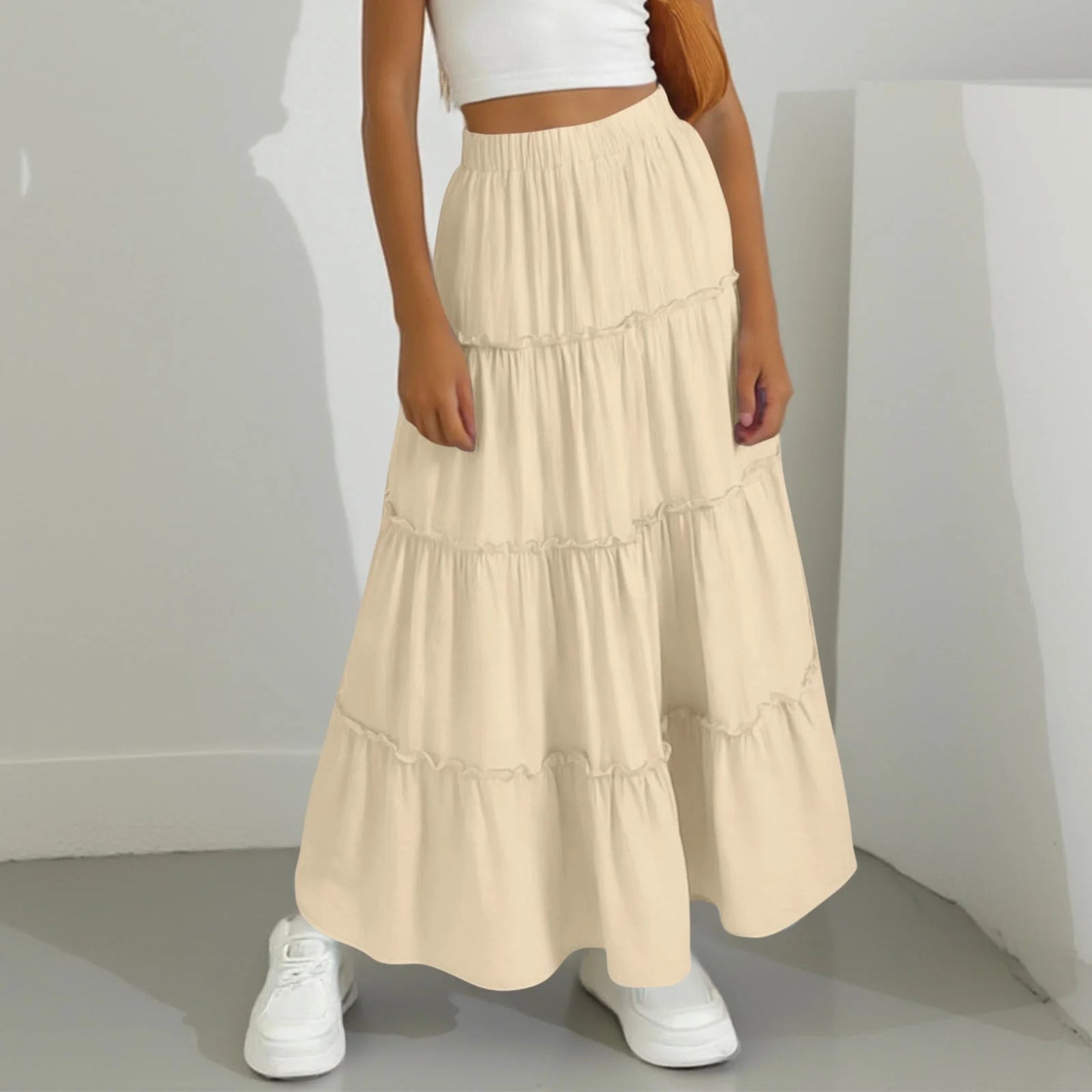Women's Pleated Long A- Line Double Rounds Lined Skirt