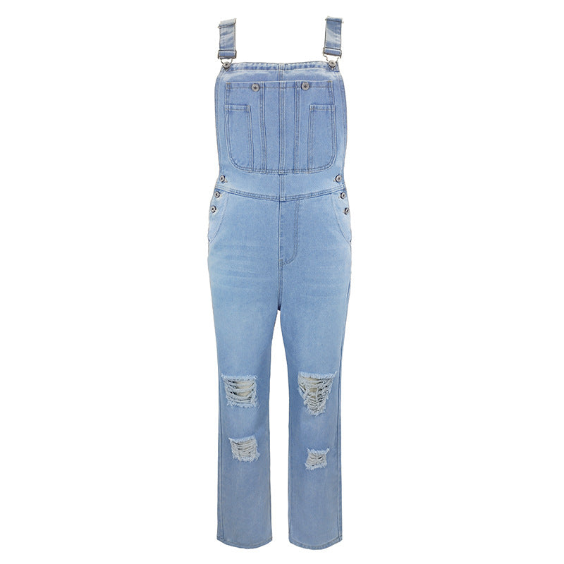Women's Washed Cut Straight Casual Suspenders Ripped Women's Jeans