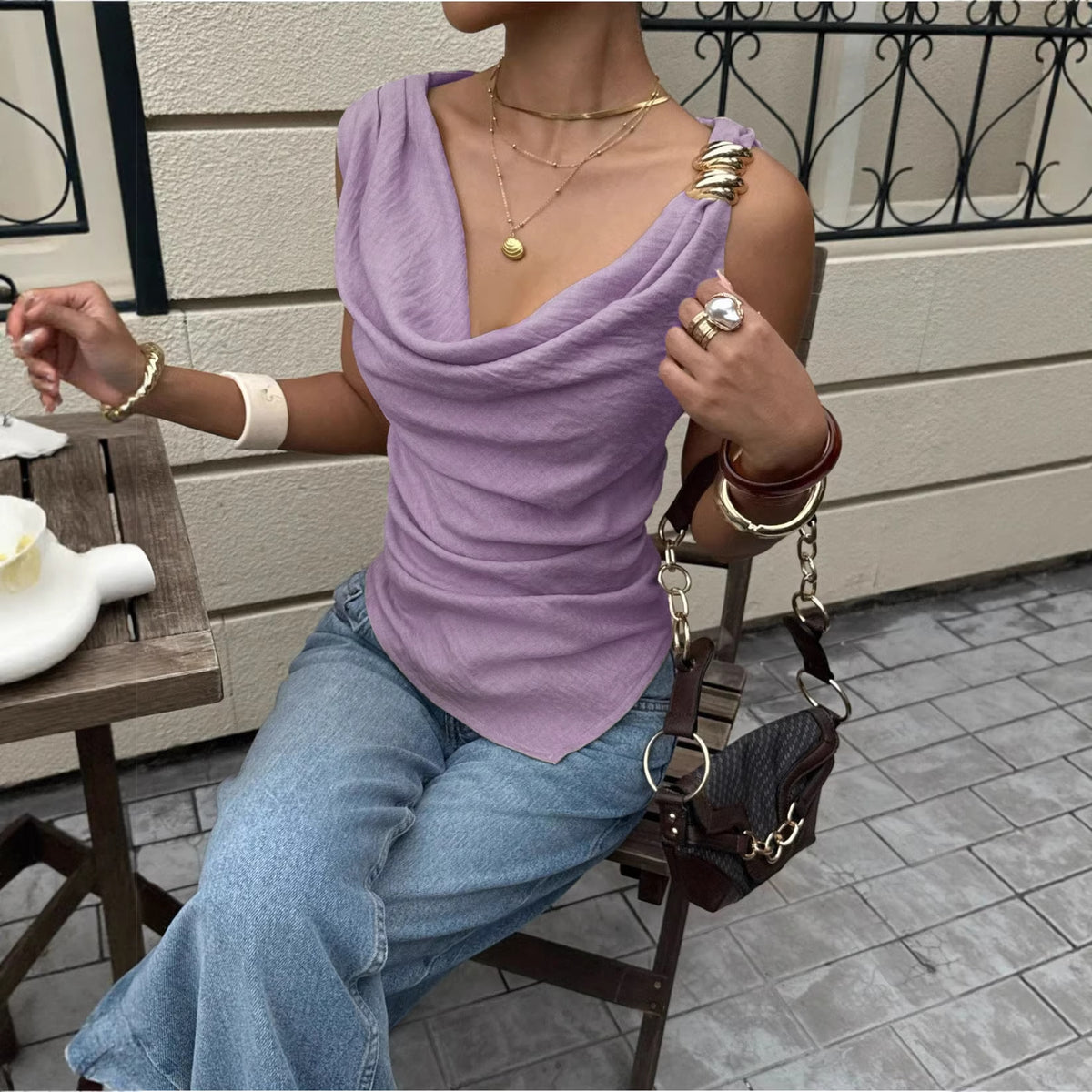Women's Summer Pile Collar Metal Decorative Sleeveless Small Vest/suspenders/tube Top