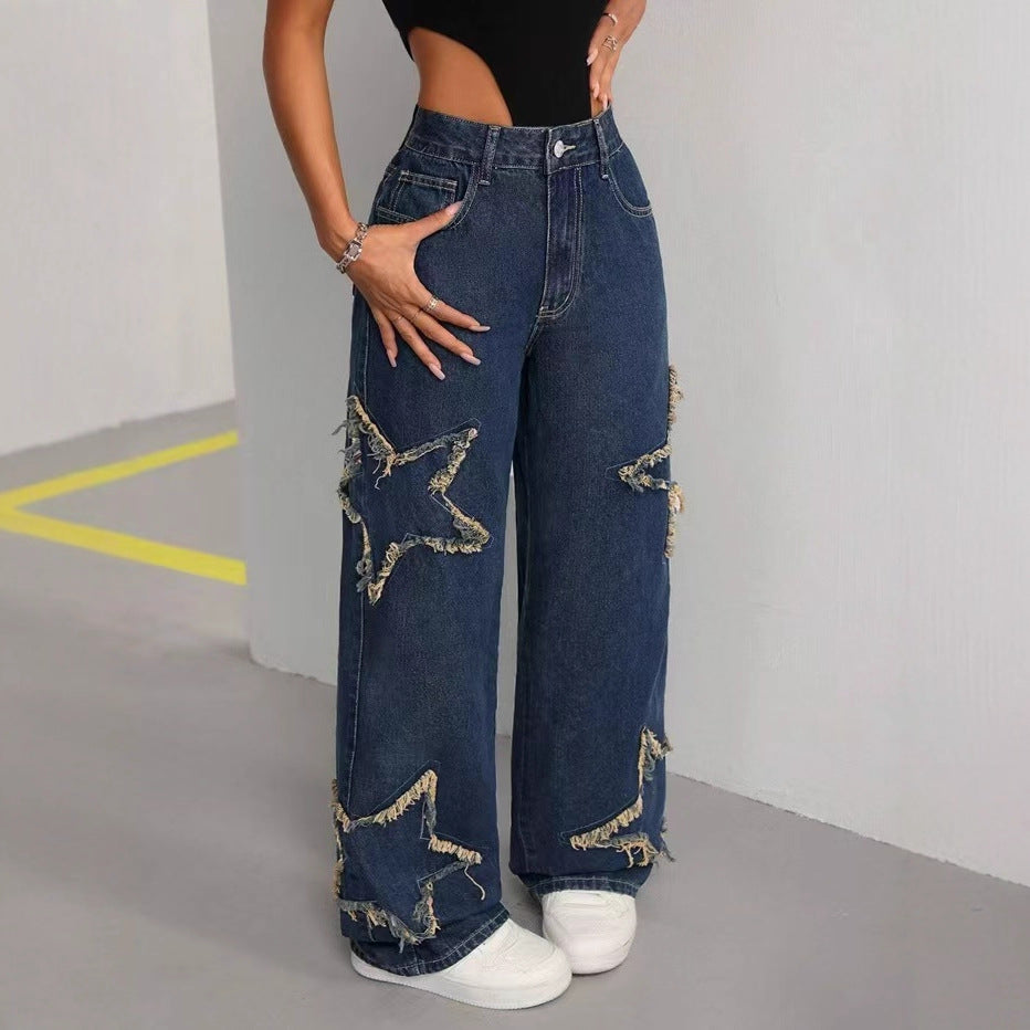 Women's Patch Pentagram Tassel Loose Burrs Straight Women's Jeans