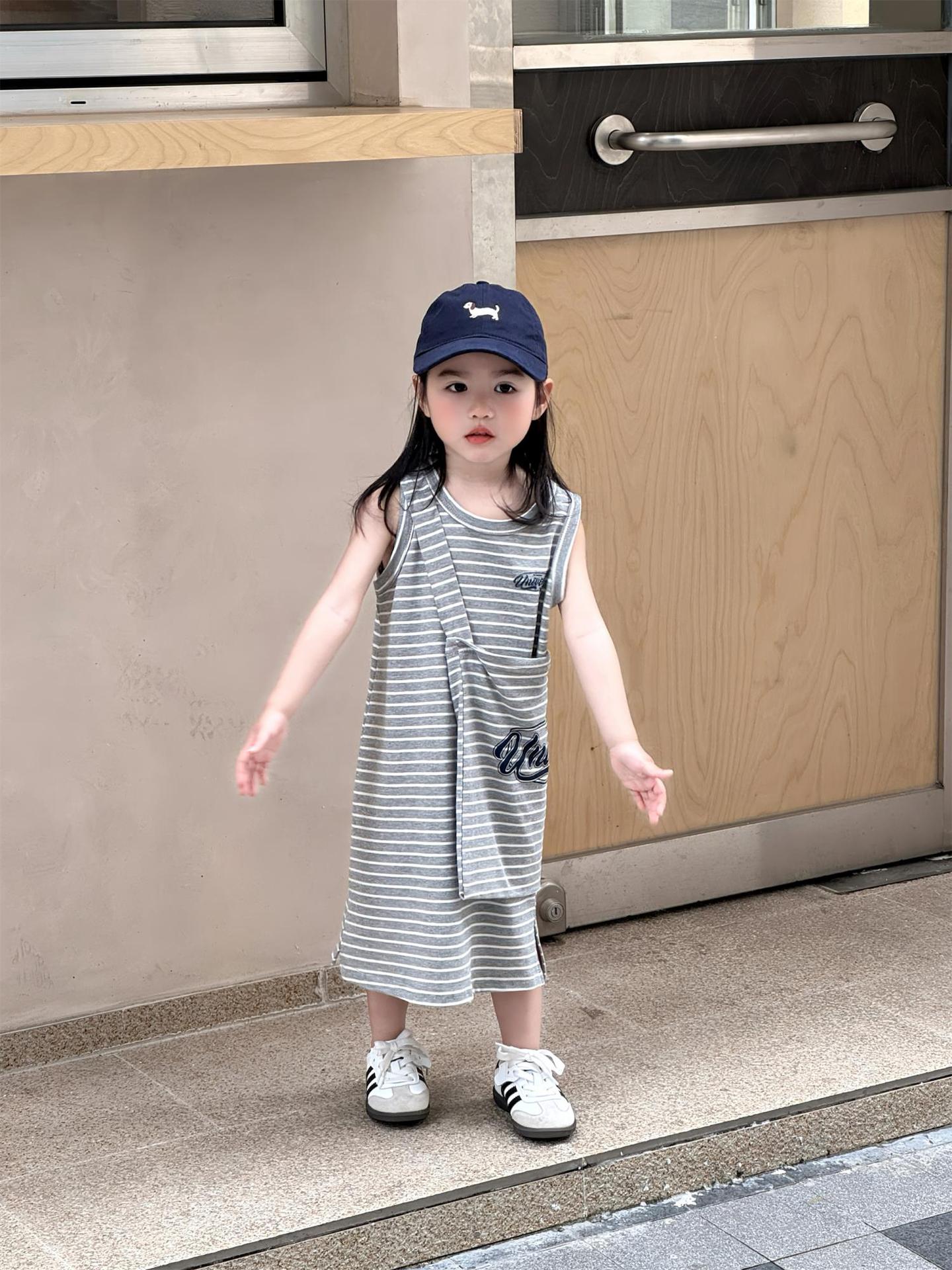 Casual Gray Striped With Bag Slit Hemline At Hem Long Children's Dress