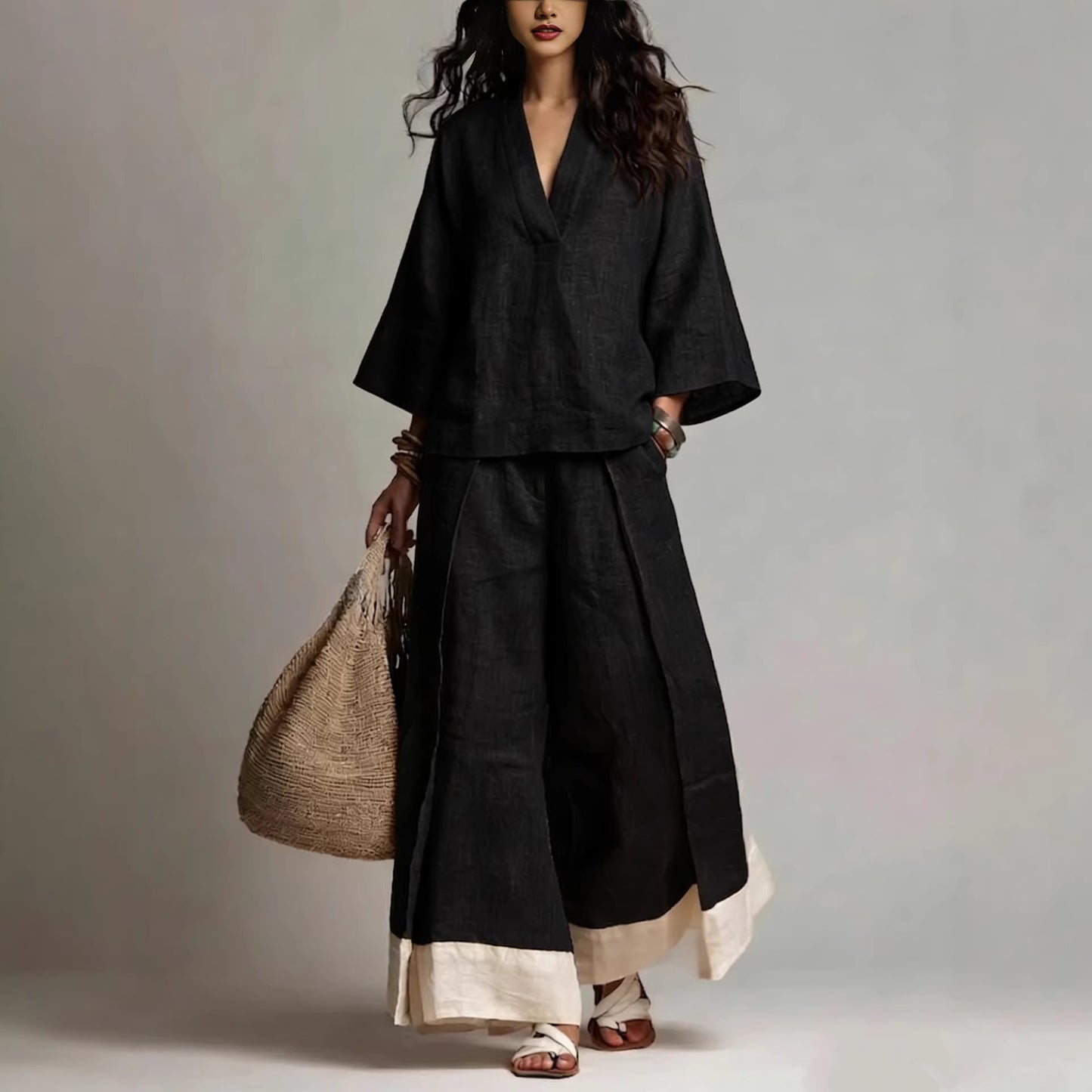 Women's Cotton Linen French Style Three-quarter Sleeve Shirt Contrast Color Suits