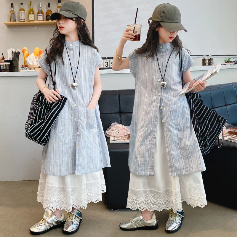 Children's Summer Floral Suit Korean Medium Big Thin Bandage Striped Children's Dress