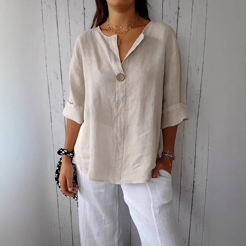 Women's Summer Loose Solid Color Buttons Cotton Blouse