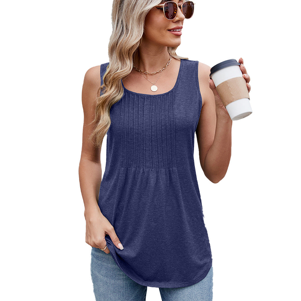 Women's Round Neck Striped Loose Sleeveless Solid Color Women's T-shirt