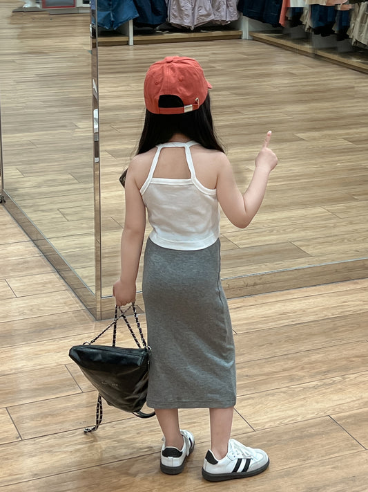 Summer Hot Sneaky Design Backless White Suspender Gray Fashion Hip Children's Suit