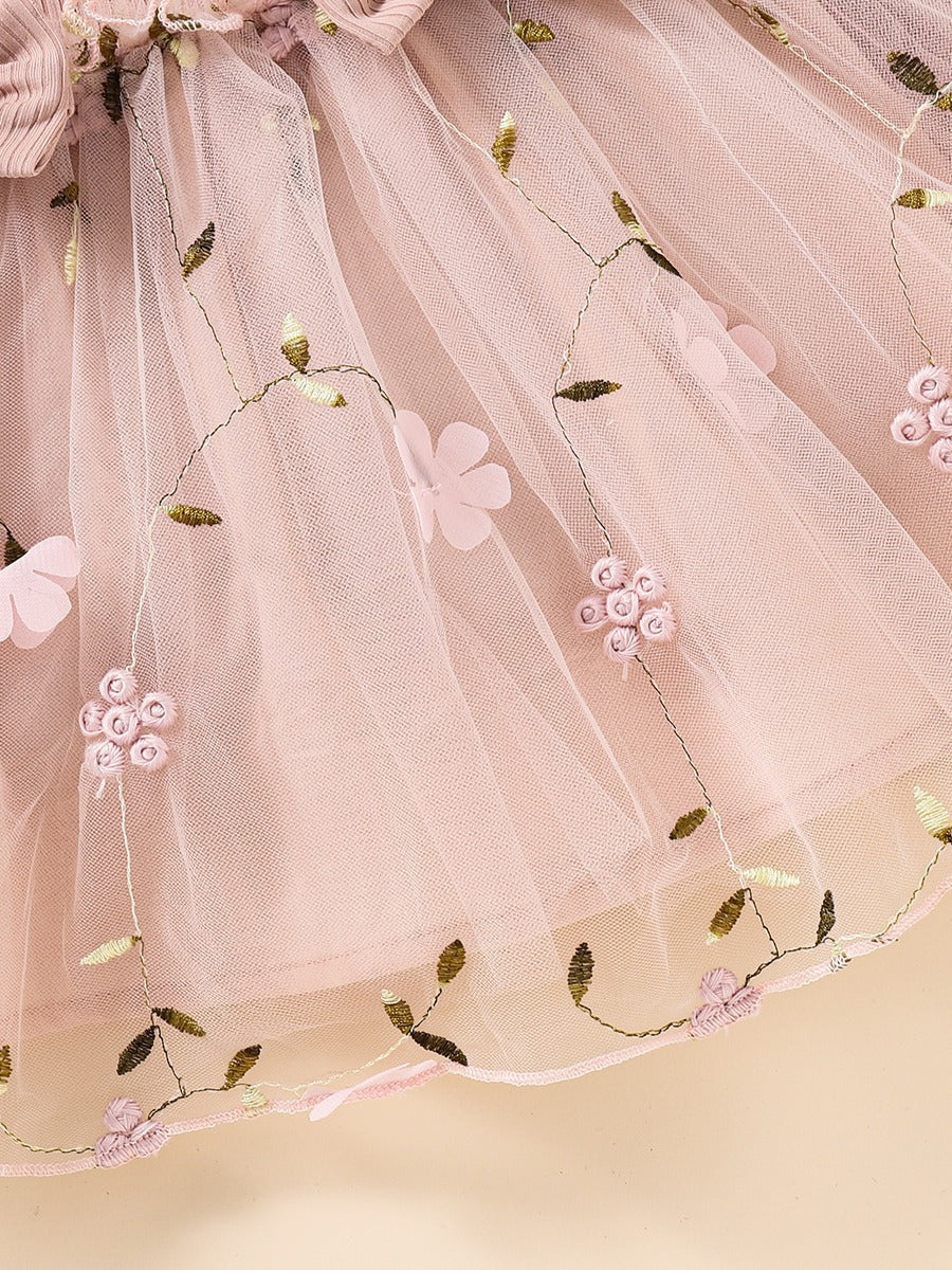 Sunken Stripe Long Sleeve Mesh Embroidered Princess Bow Birthday Children's Dress