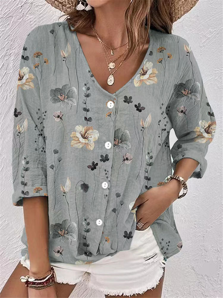 Casual Women's Buttons Printed Long Sleeve Lace Shirt, Chiffon Shirt
