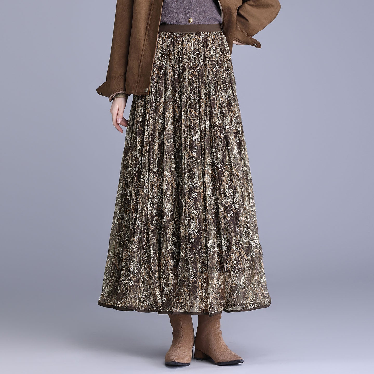 Purple Floral Pleated Autumn Slimming High Waist Crimp Skirt