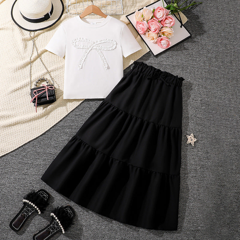 Bow Short-sleeved Shirt Bohemian Style Tiered Children's Suit