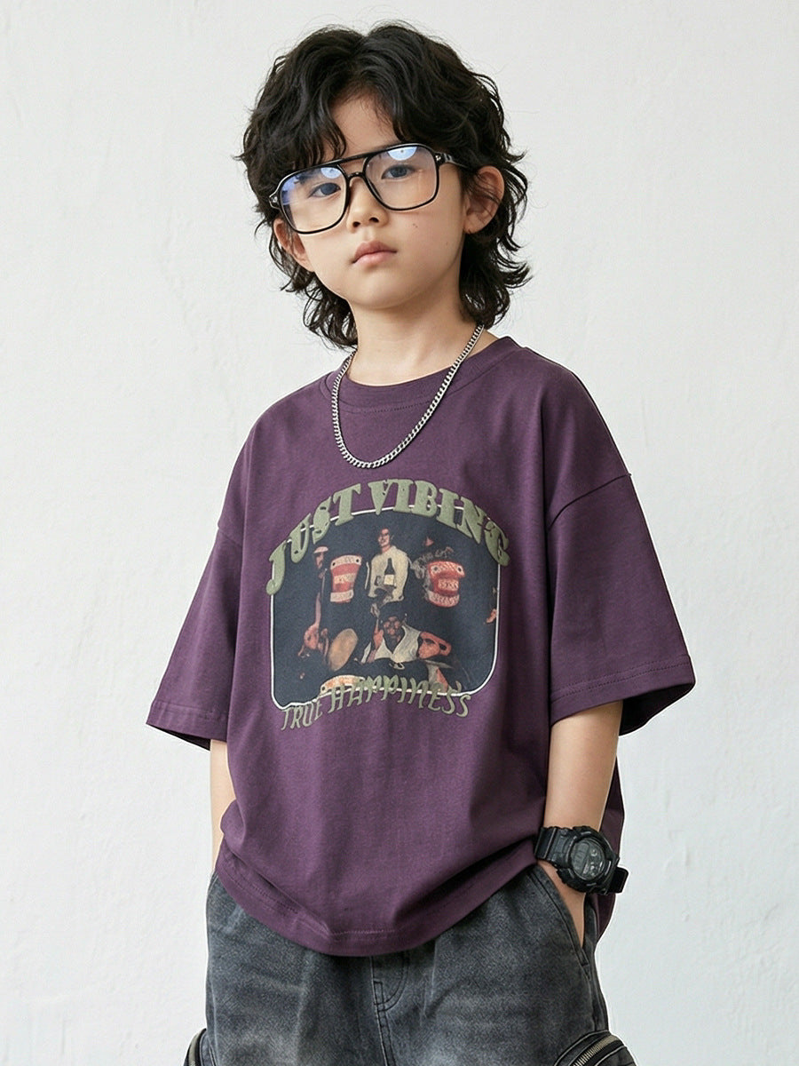 Children's Boys Middle Big American Retro Cotton Short-sleeved Children's T-shirt