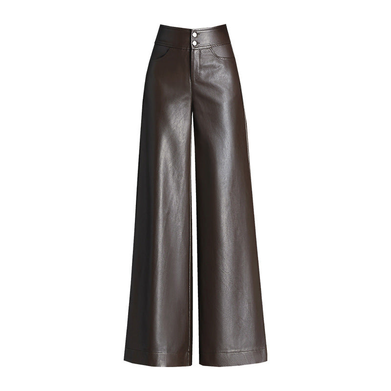 Women's Leather Fleece-lined Thickened High Waist Loose Casual Pants
