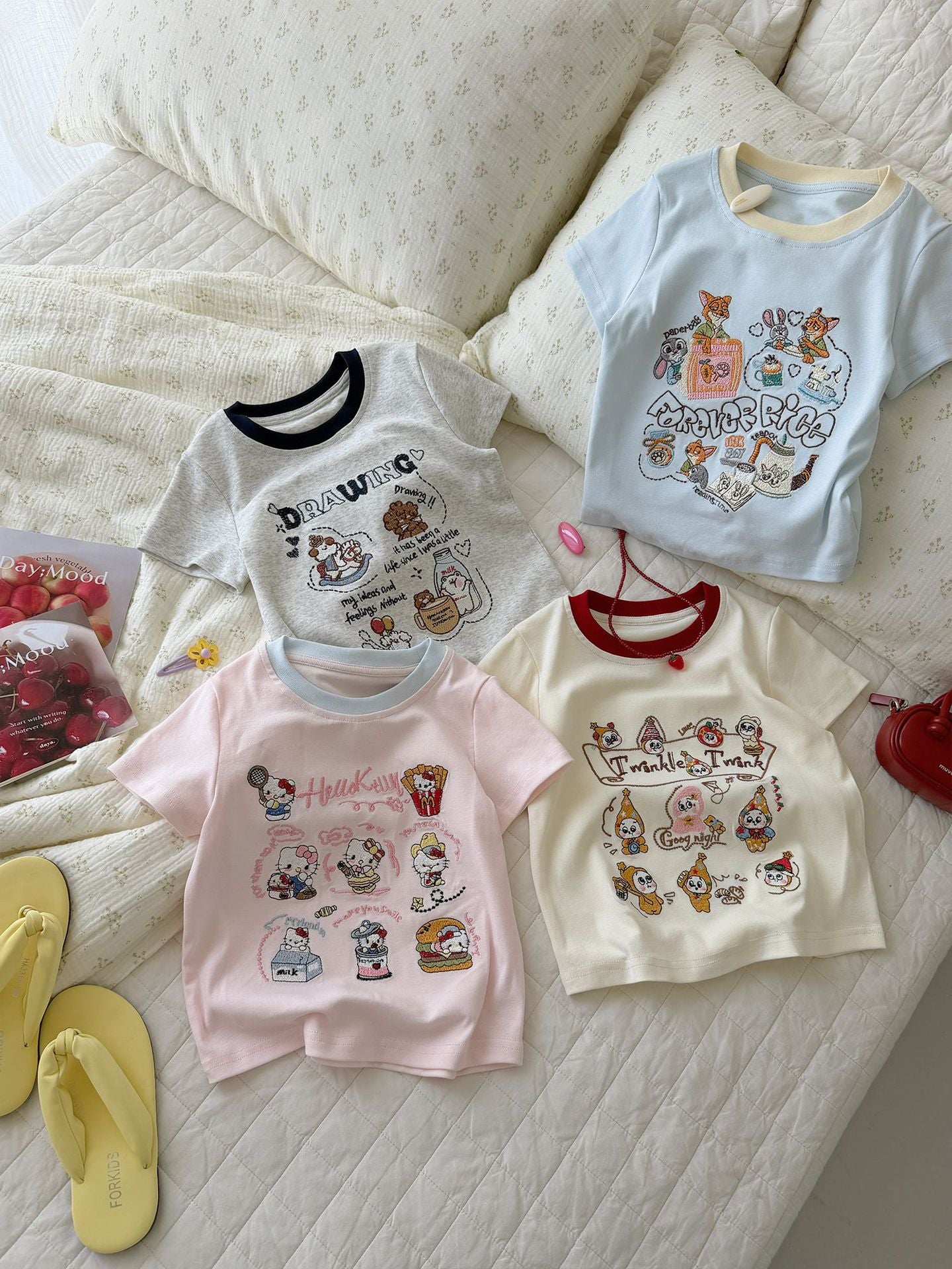 Short-sleeved Summer Cotton Cartoon Embroidered Top Contrast Color Round Neck Children's T-shirt