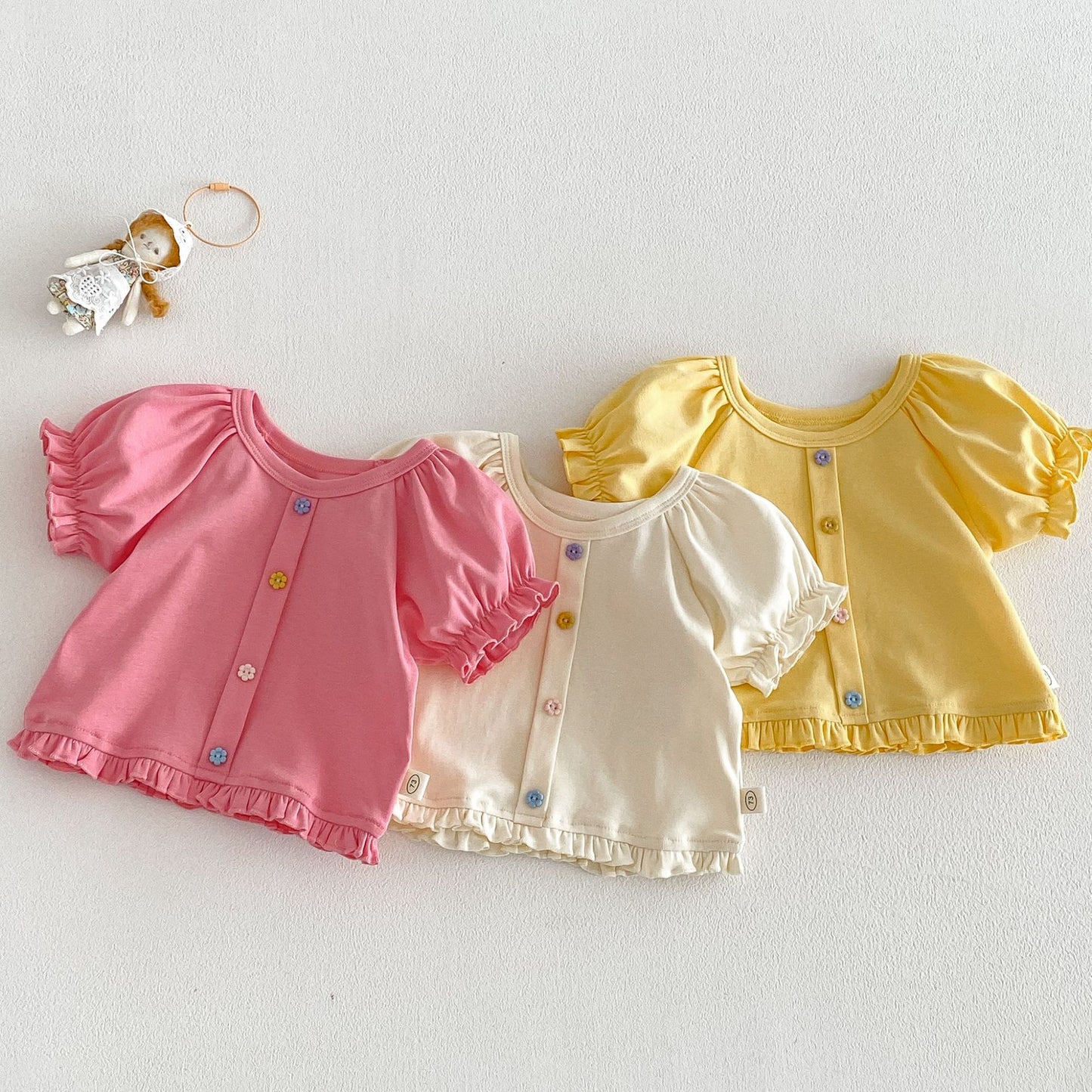 Children's Buckle Summer Clothes Thin Fashionable Korean Style Puff Children's T-shirt