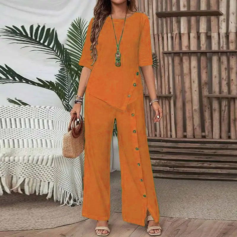 Women's Irregular Hem Trousers Button Half Sleeve Suits