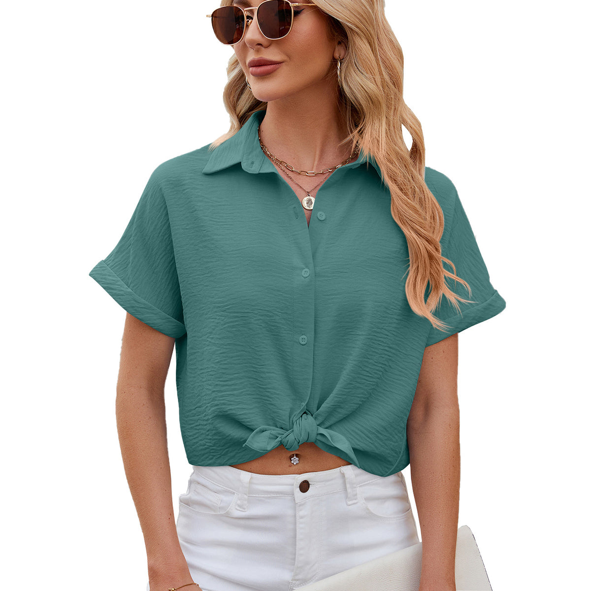 Solid Color Polo Collar Short-sleeved Button Lace Shirt, Chiffon Shirt