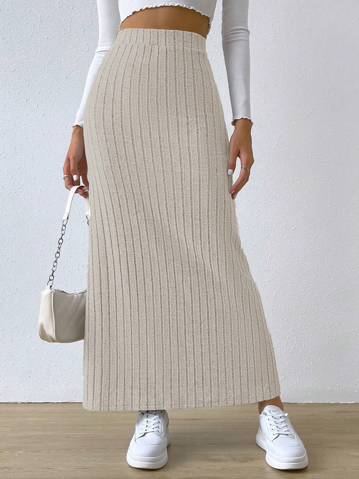 Women's Waist Side Slit Slim Knit Solid Skirt