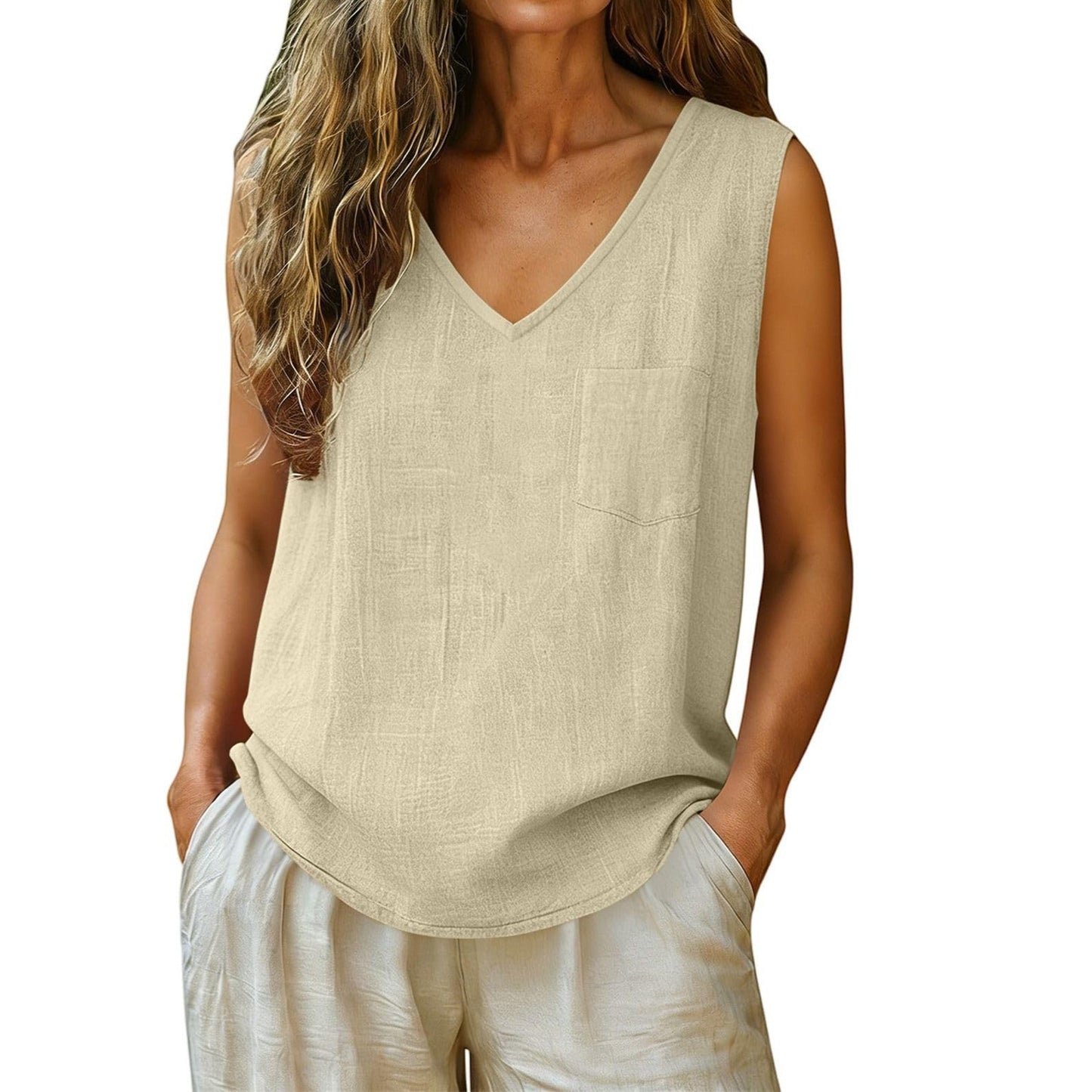 Women's Summer Fashion Casual Pocket Sleeveless Solid Color Cotton Linen Small Vest/suspenders/tube Top