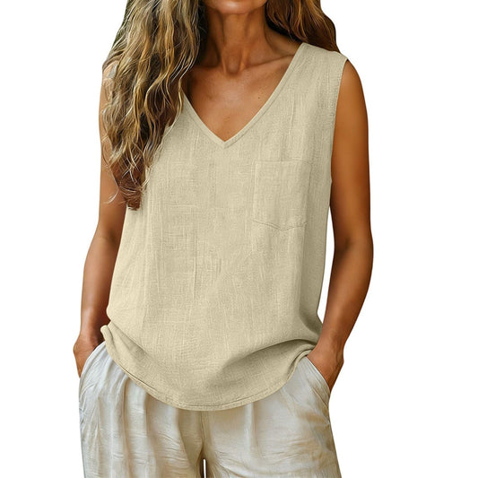 Women's Summer Fashion Casual Pocket Sleeveless Solid Color Cotton Linen Small Vest/suspenders/tube Top