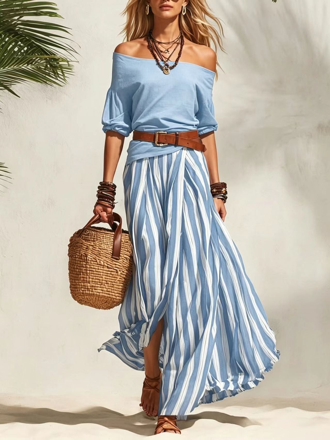 Women's Puff Sleeve Vertical Stripes Draping Striped Fashion Casual Suit
