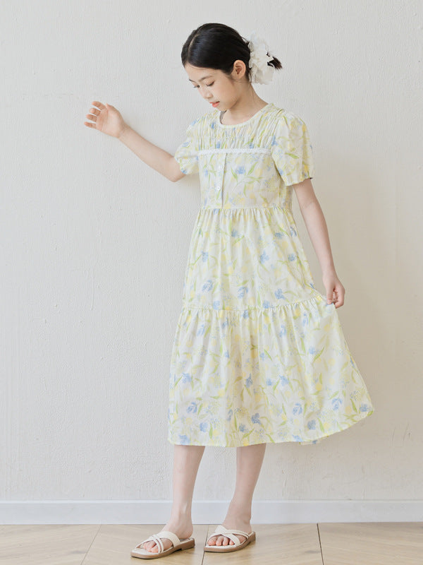 Floral Skirt Summer Bubble Sleeve Mid-length Printed Children's Dress