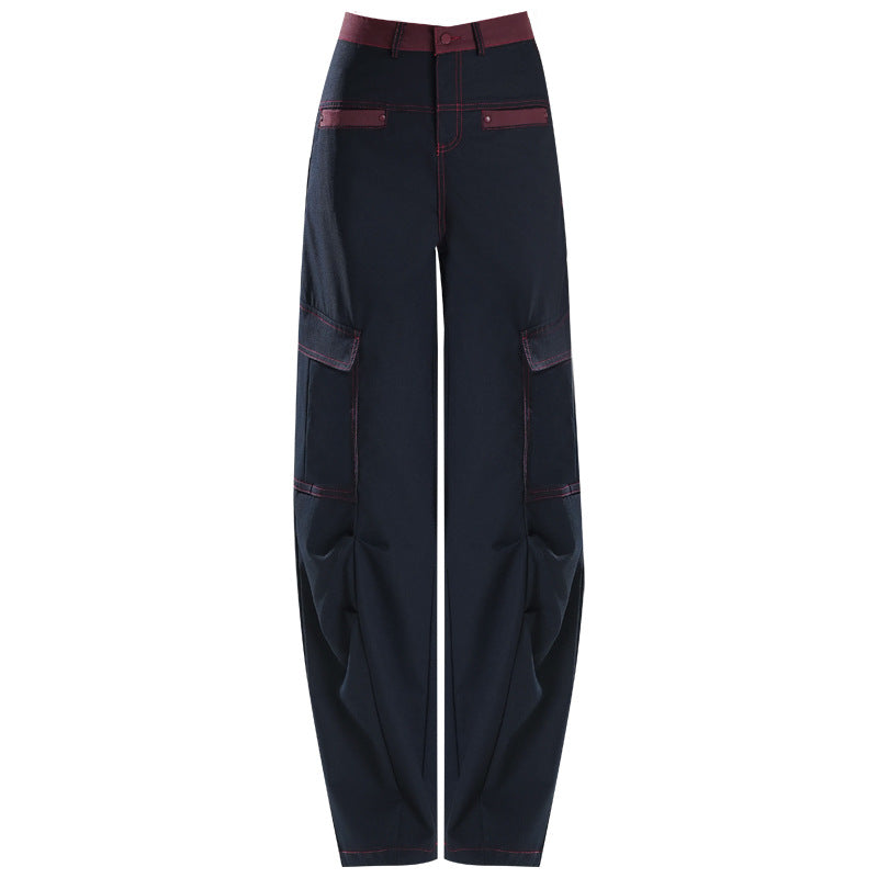 Contrast Color Overalls High Waist Slimming Loose Mop Machete Casual Pants