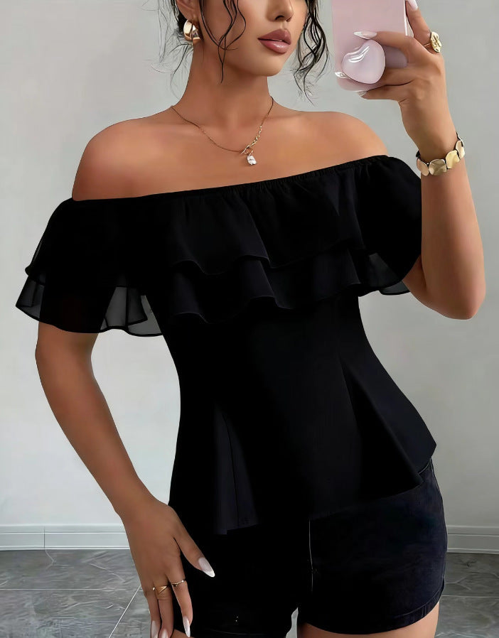 Summer Fashion Elegant Ruffled Sexy Strapless Lace Shirt, Chiffon Shirt