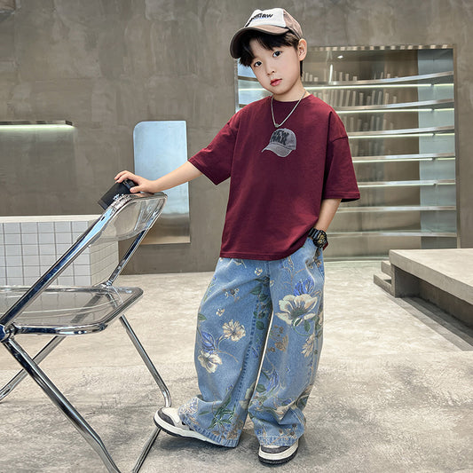 Pants Printed T-shirt Flower Jeans Two-piece Medium Big Children's Suit