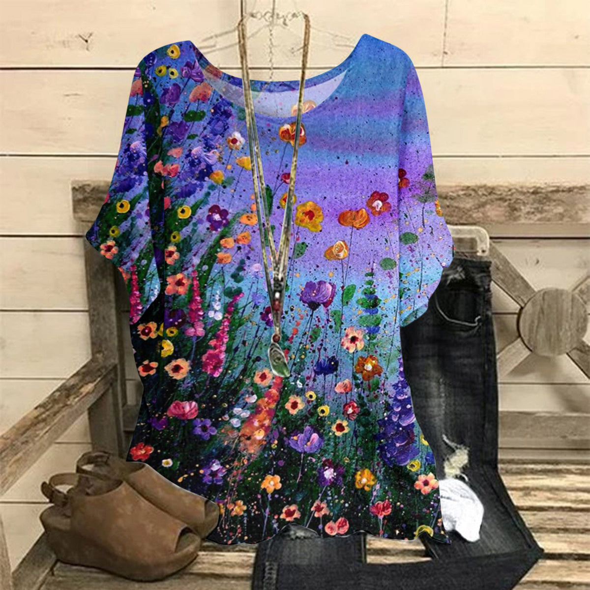 Women's Summer Loose Print Crew Neck Casual Women's T-shirt
