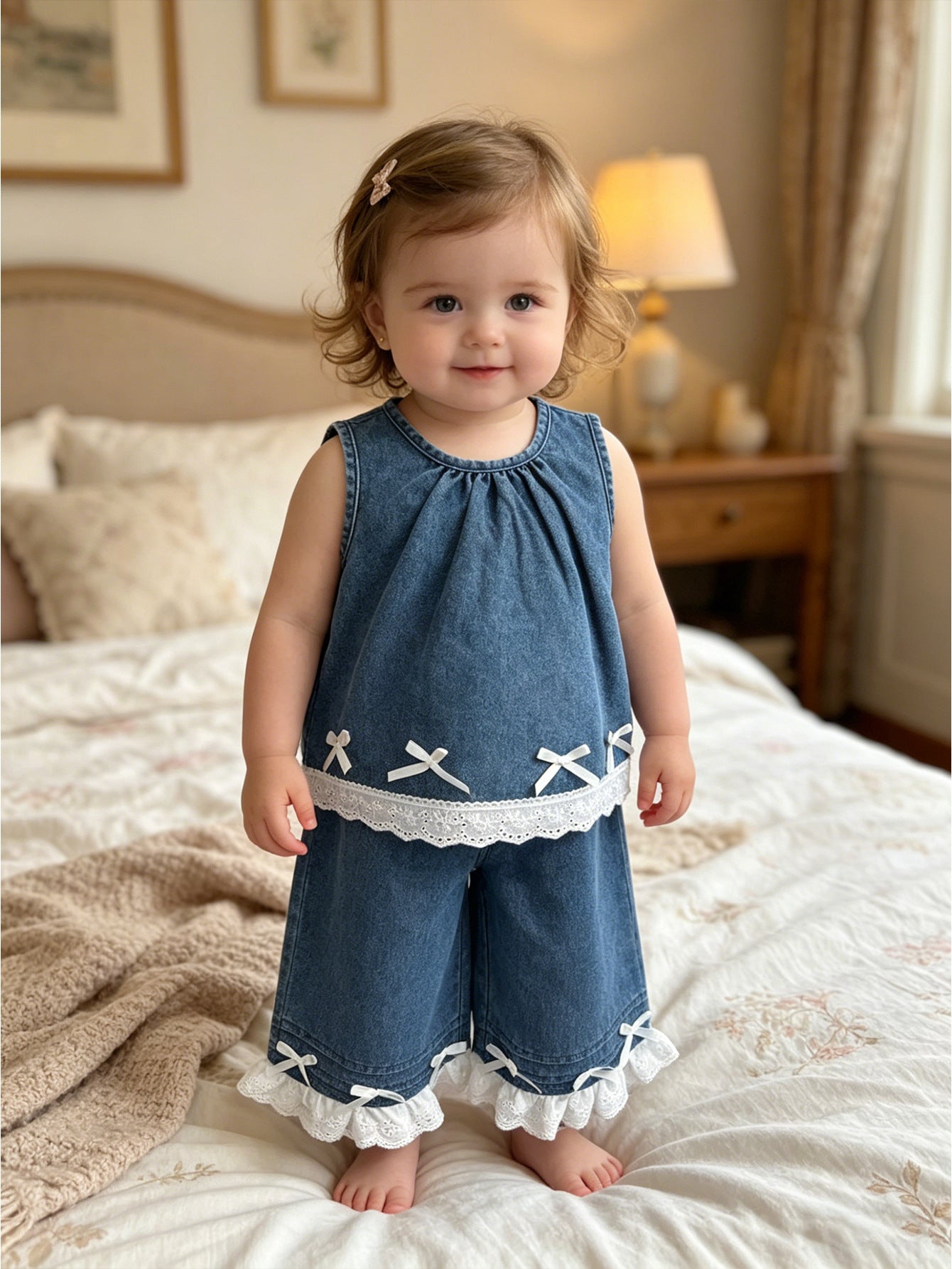 Clothes Western Style Doll Type Sleeveless Denim Stitching Lace Ruffle Children's Suit