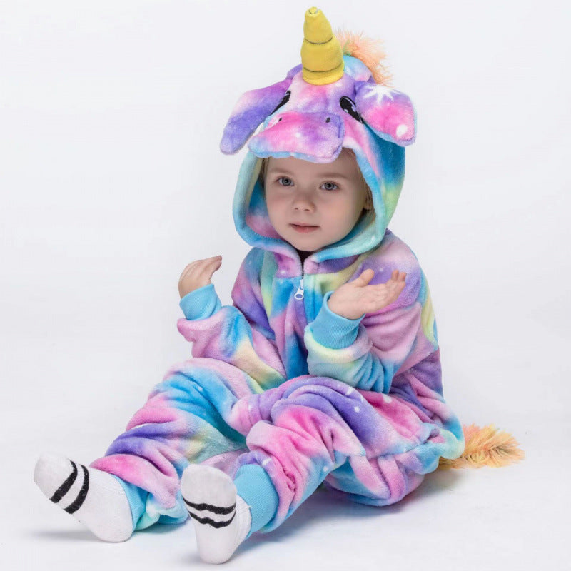 Children's Black Cat Leopard Print Flannel Cartoon One-piece Pajama Jumpsuit, Climbing Suit