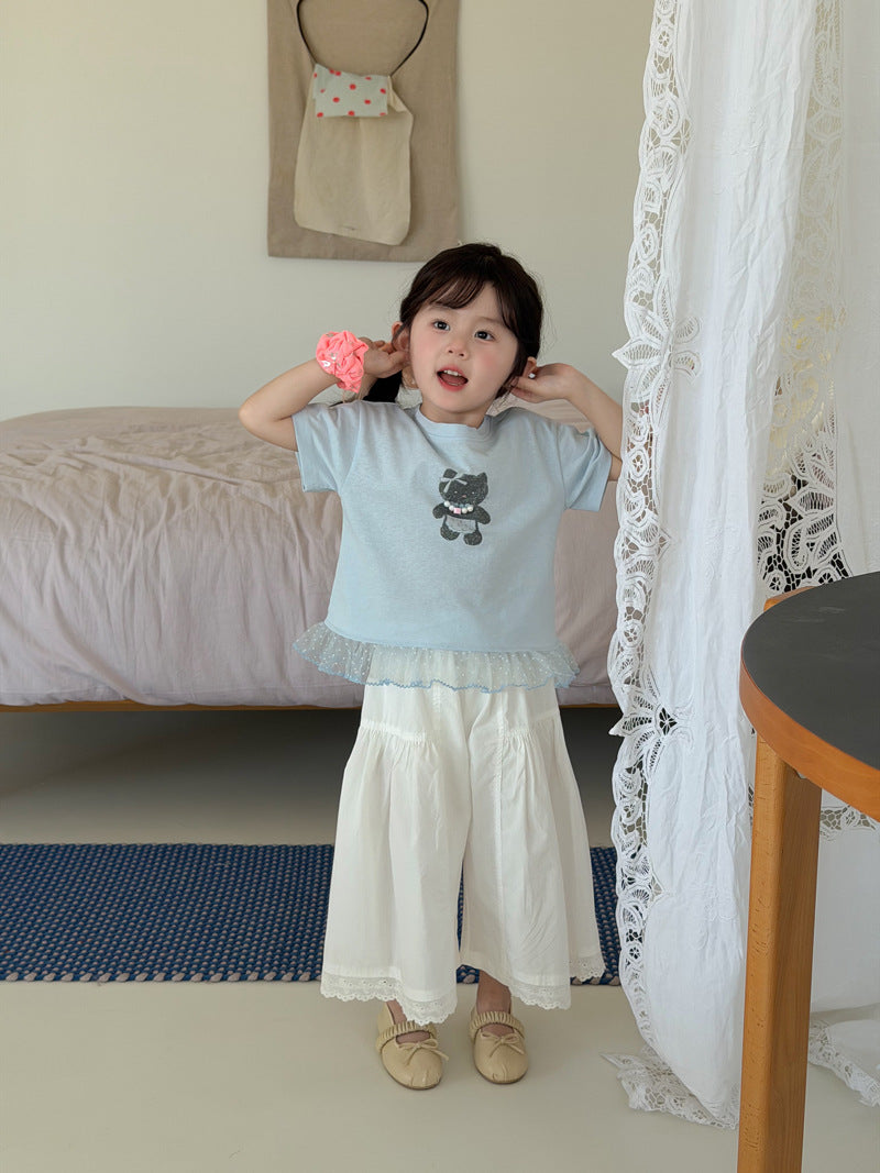 Children's Field Korean Style Stitching Flocking Mesh Summer Cartoon Animal Children's T-shirt