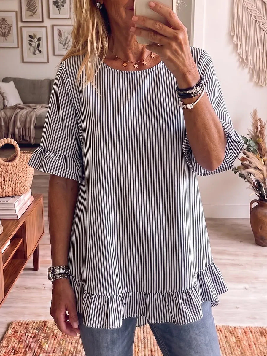 Women's Summer Sleeve Striped Loose Casual Ruffled Women's T-shirt