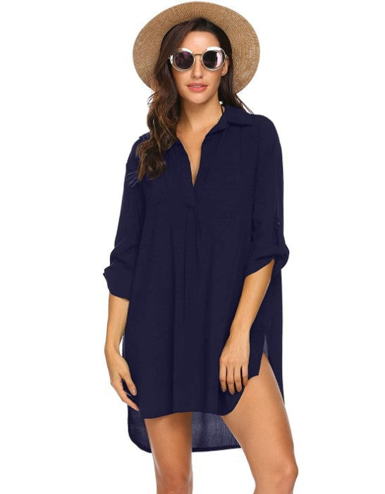 Women's Deep V Neckline Solid Color Beach Lace Shirt, Chiffon Shirt