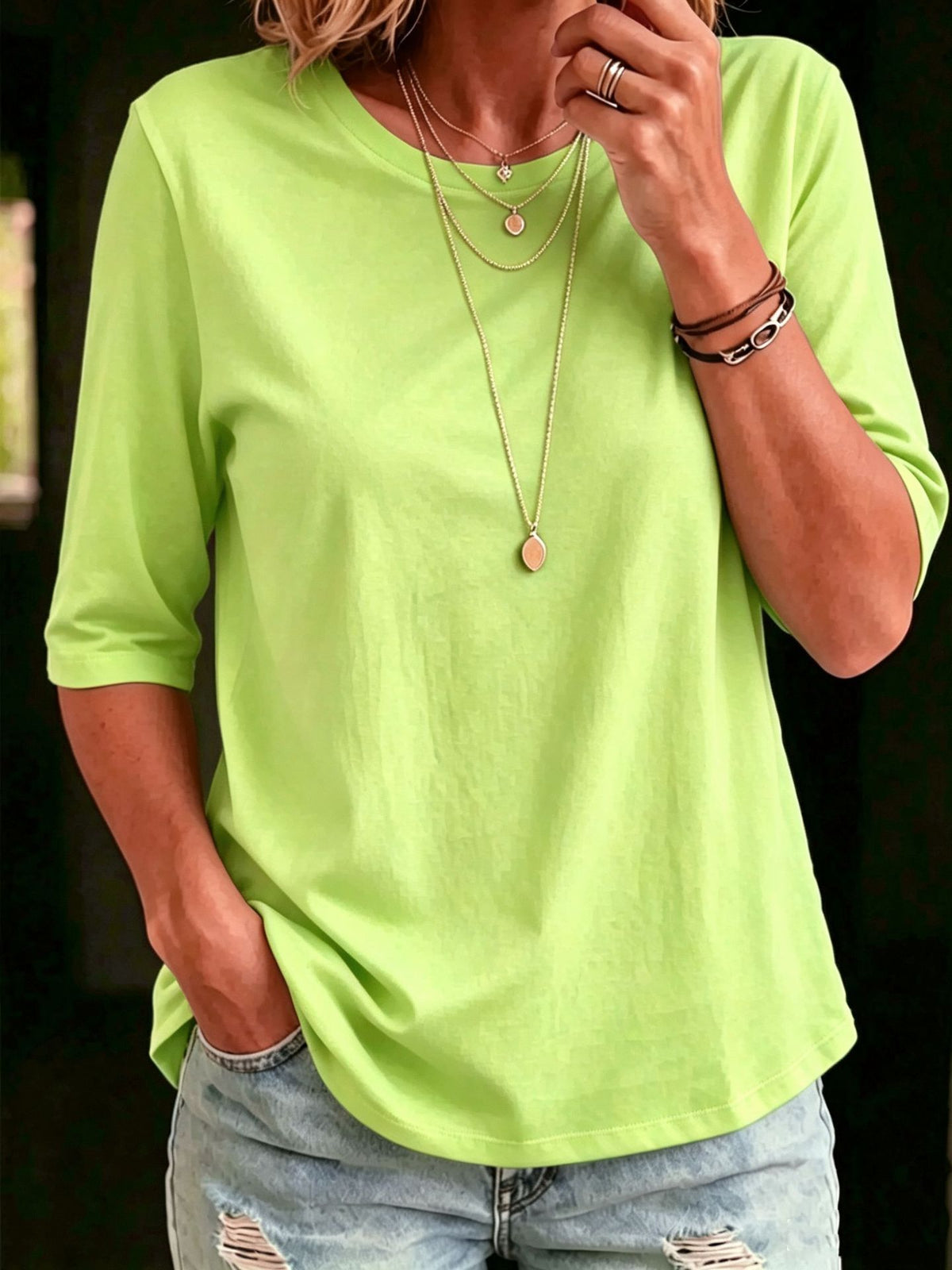 Women's Casual Round Neck Shoulder Half Sleeve Women's T-shirt